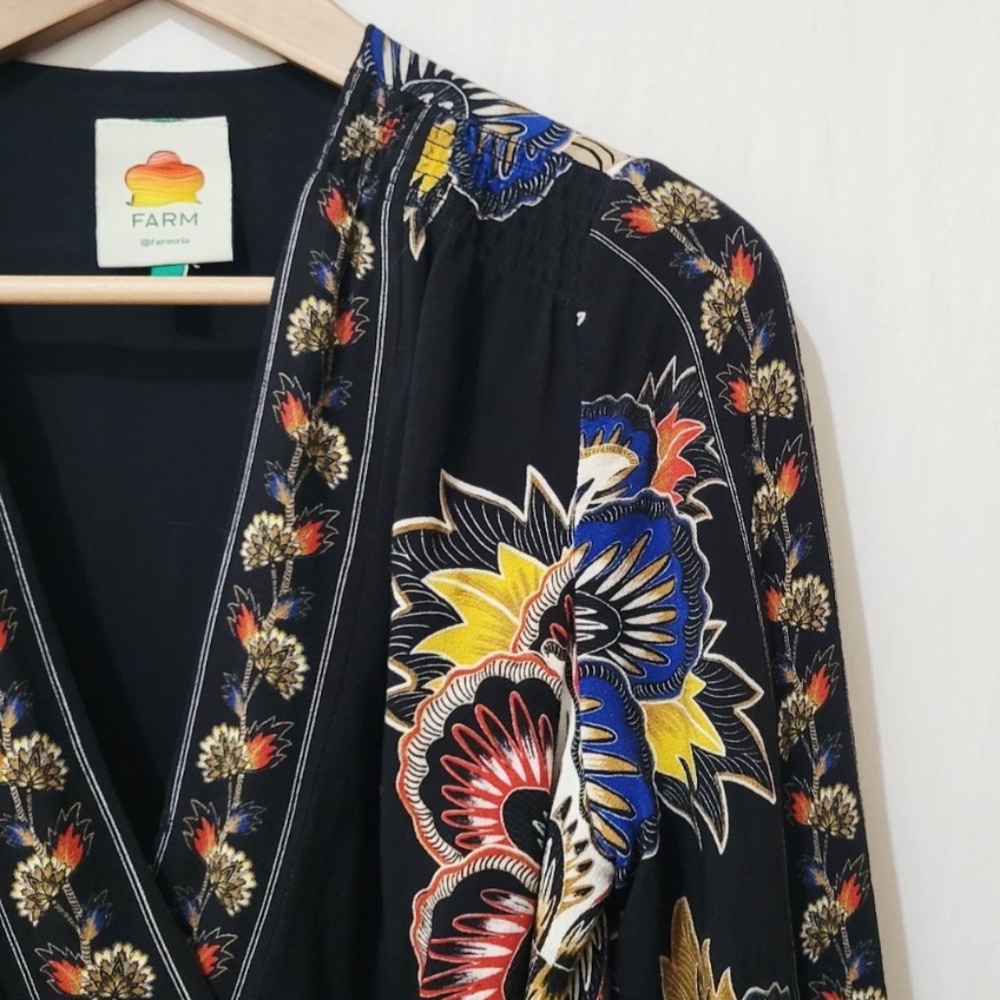 Farm Rio Maxi Floral Print Crepe Wrap Mini Dress in Black Multi - Picture 7 of 14